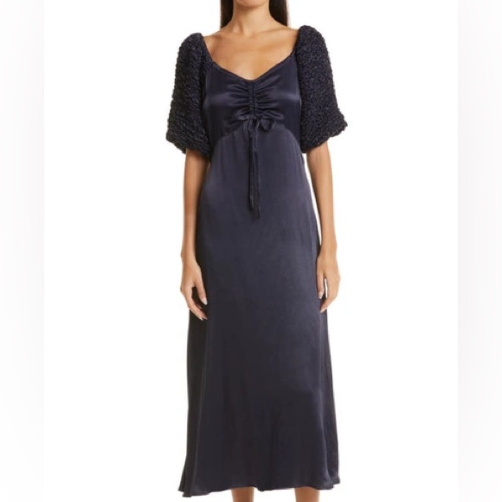 BYTIMO SLEEVELESS SATIN CREPE GOWN IN NAVY